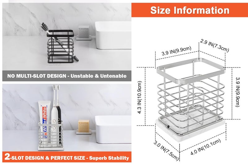 HarJue Toothbrush Holder  Luxurious Metal Toothbrush Toothpaste Holder for Bathroom  Multi-Slots Openwork Design  Bathroom Accessory for Storage and Organizer (Marble Base-2 Slots  Chrome) - Image 2
